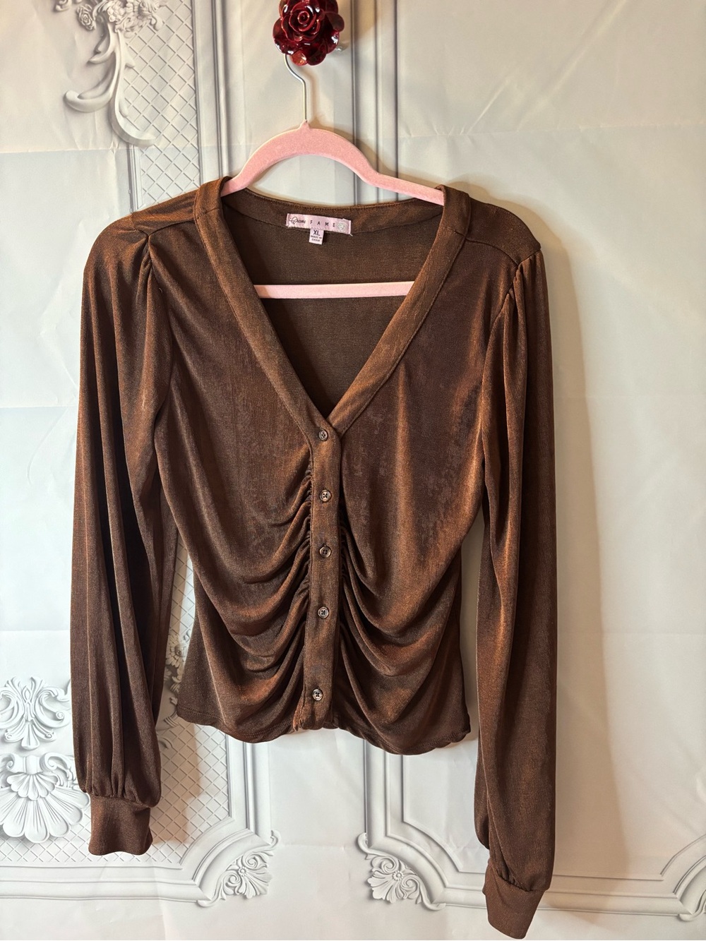 Crave Fame Women’s Brown Ruched Button-Front Women's Top, Size XL